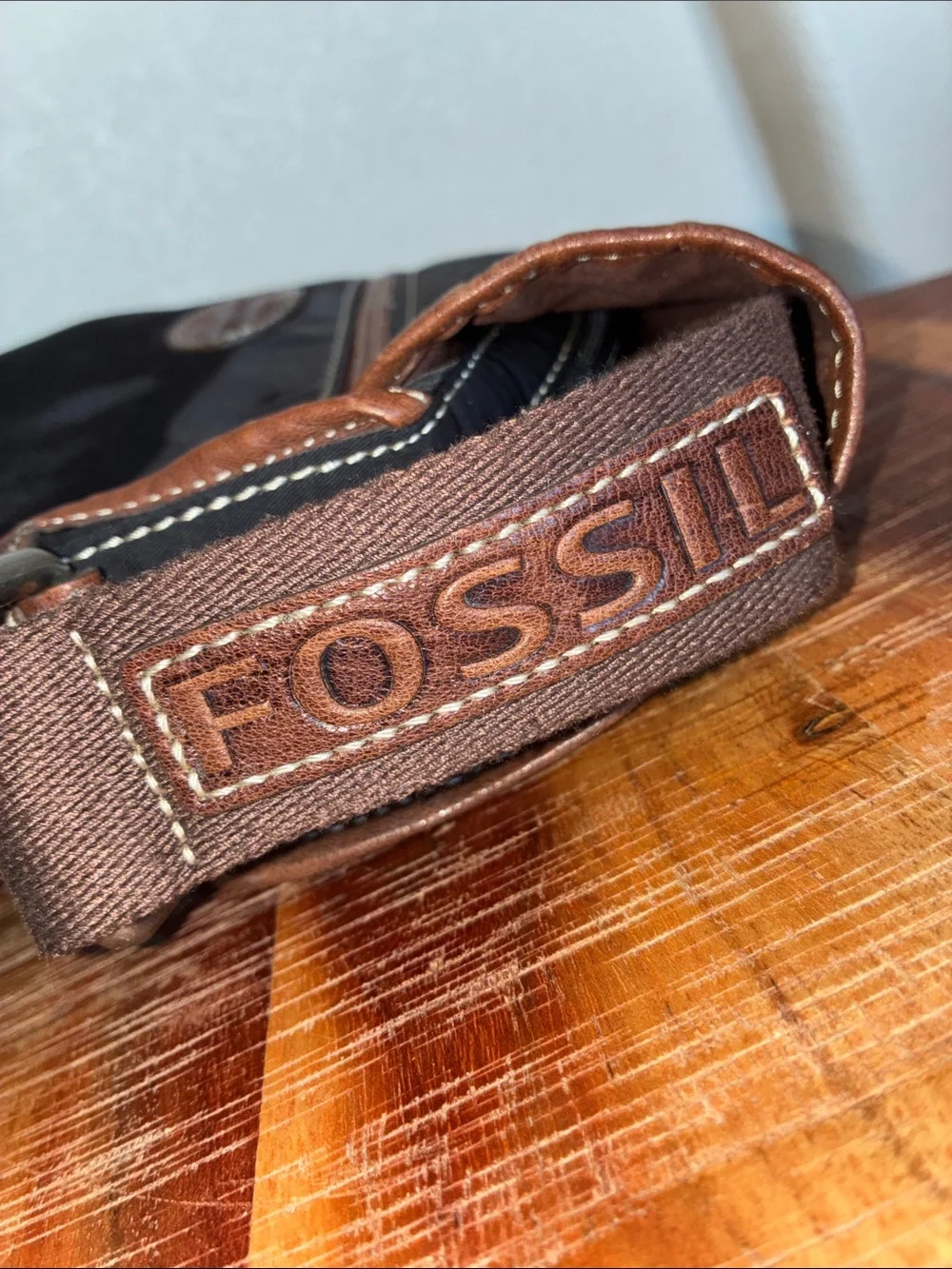 Fossil Black Nylon Messenger Bag with Brown Leather Trim euc